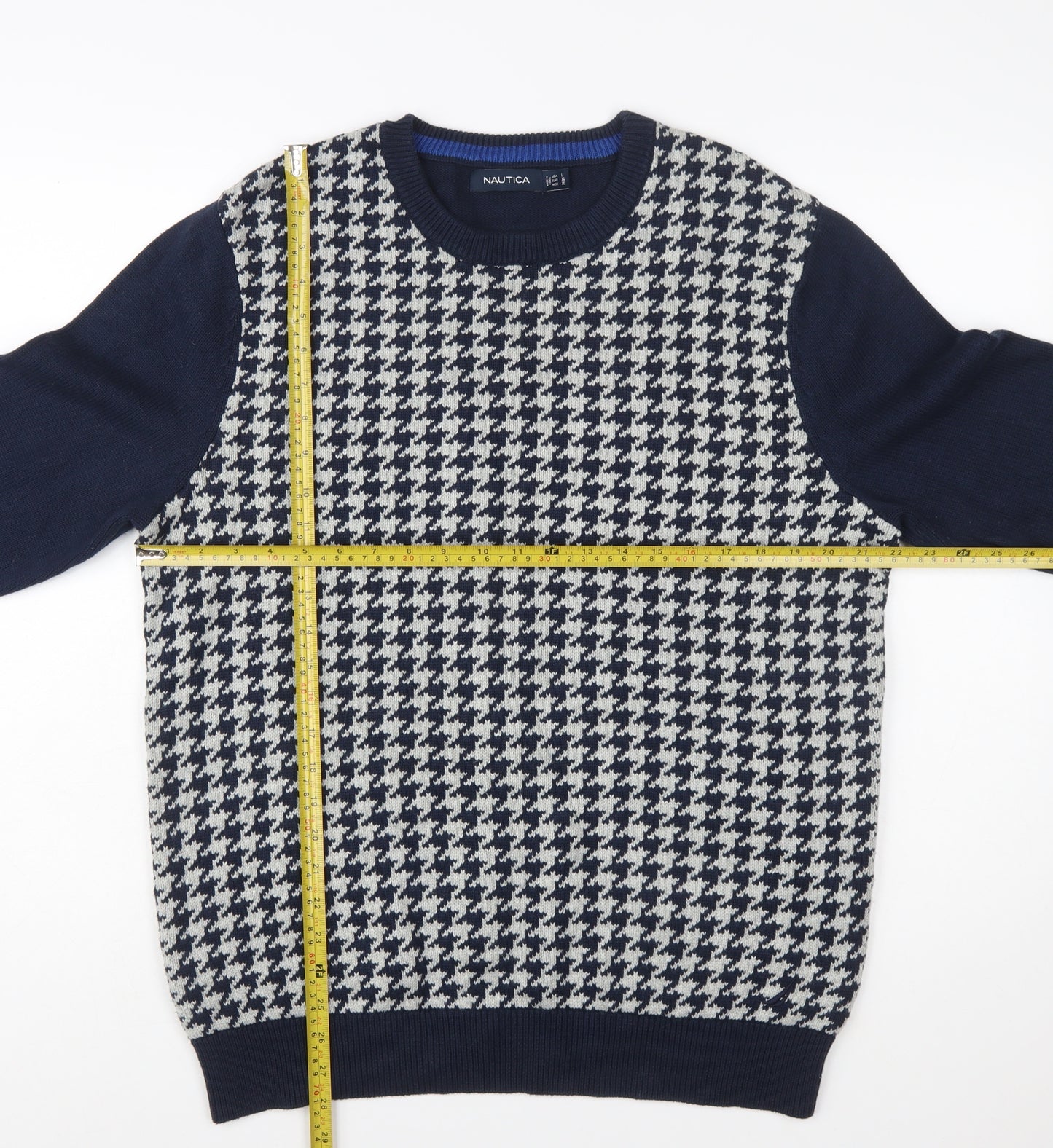 Nautica Men Blue Houndstooth Cotton Crew Neck Pullover Jumper Size L