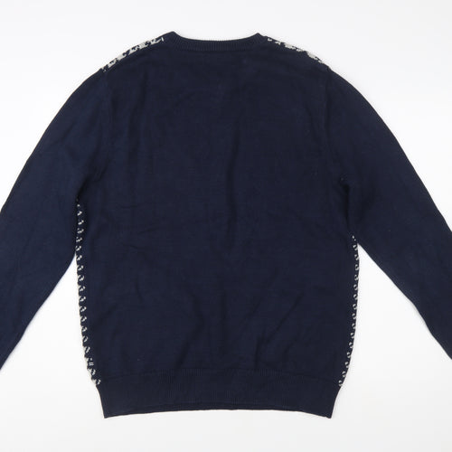 Nautica Men Blue Houndstooth Cotton Crew Neck Pullover Jumper Size L