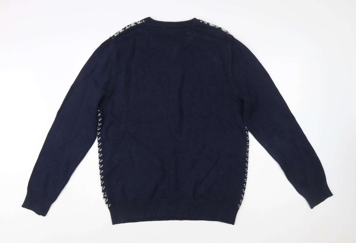 Nautica Men Blue Houndstooth Cotton Crew Neck Pullover Jumper Size L