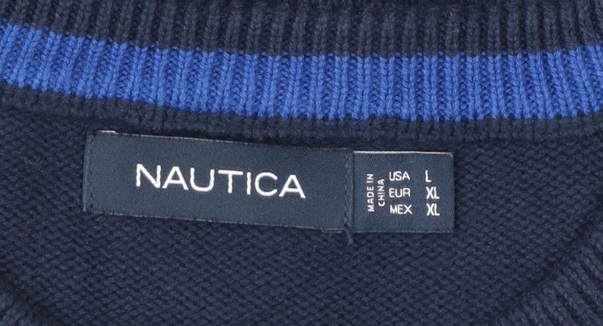 Nautica Men Blue Houndstooth Cotton Crew Neck Pullover Jumper Size L
