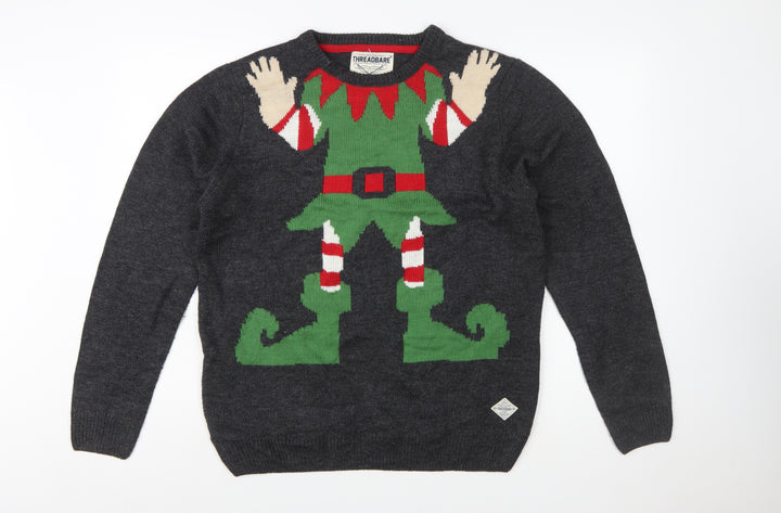 Threadbare Men's Grey Christmas Elf Pullover Jumper Size L