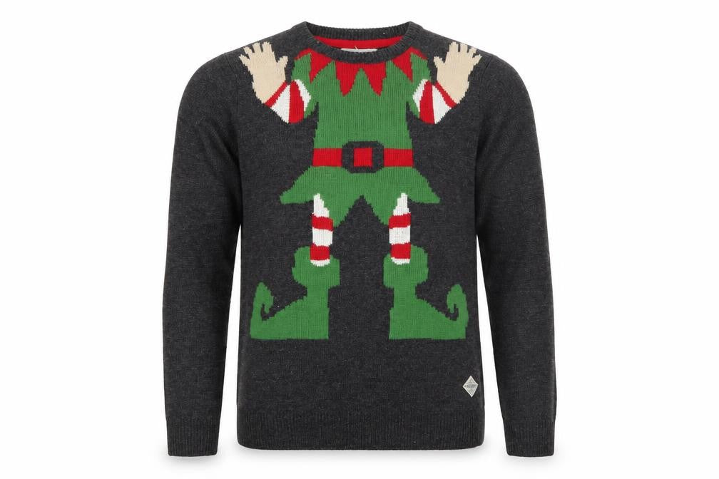 Front view of Threadbare Men's Grey Christmas Elf jumper, size L