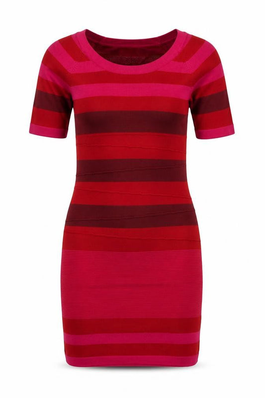 Front view of M.S.S.P. Women’s Red Striped Bodycon Knit Dress, size S