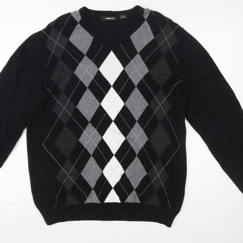Claiborne Men's Black Argyle V-Neck Cotton Jumper Size M