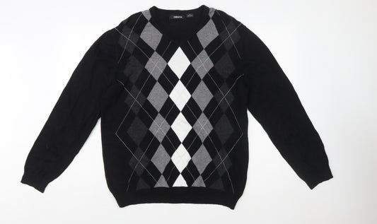 Claiborne Men's Black Argyle V-Neck Cotton Jumper Size M