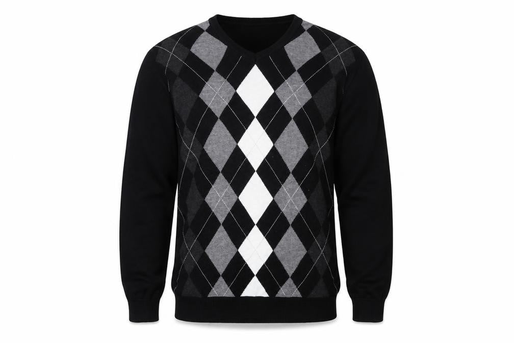 Front view of Claiborne Men's Black Argyle V-Neck Cotton Jumper, size M
