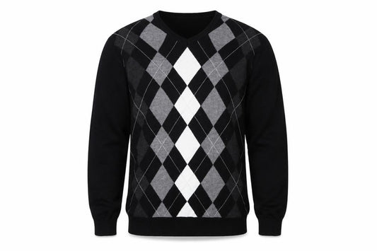 Front view of Claiborne Men's Black Argyle V-Neck Cotton Jumper, size M