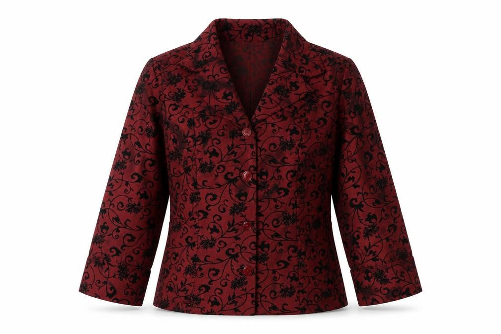 Front view of Puli women’s red black floral velvet blazer, size UK 6/36, velvet patterned jacket