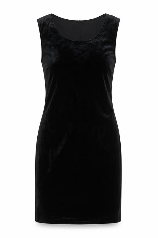 Front view of D.J. Summers Women’s Black Velvet Bodycon Sleeveless Dress, size UK 10