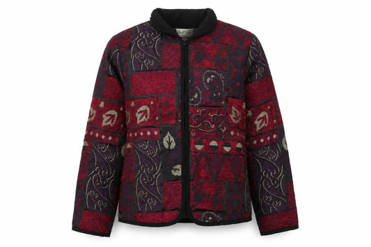 Front view of Mary McFadden women’s red geometric pattern jacket, size M, retro bohemian style