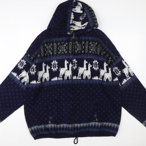 Rumiñahui Men Blue Alpaca Full Zip Hooded Llama Knit Jumper XL