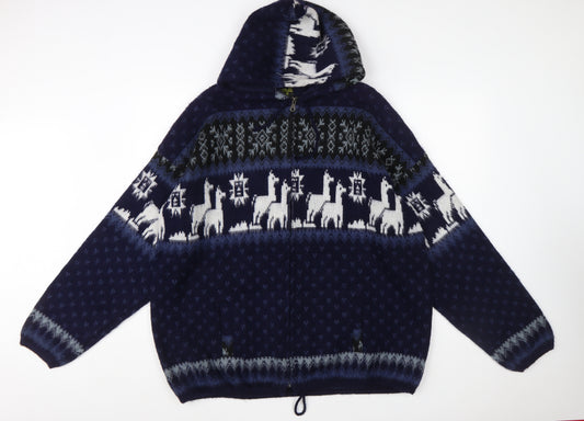 Rumiñahui Men Blue Alpaca Full Zip Hooded Llama Knit Jumper XL