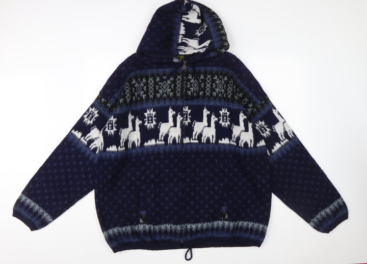 Rumiñahui Men Blue Alpaca Full Zip Hooded Llama Knit Jumper XL