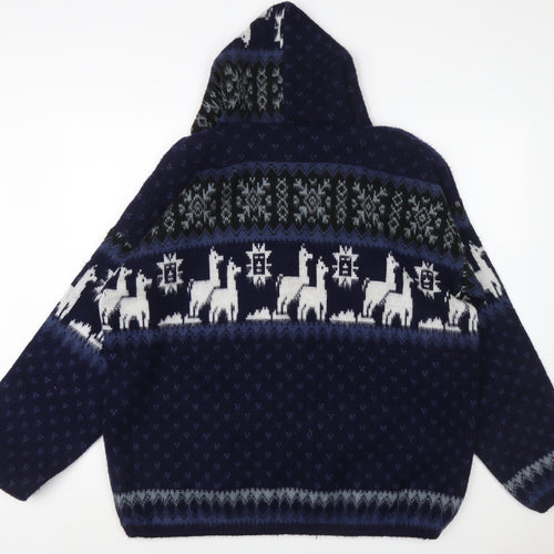 Rumiñahui Men Blue Alpaca Full Zip Hooded Llama Knit Jumper XL