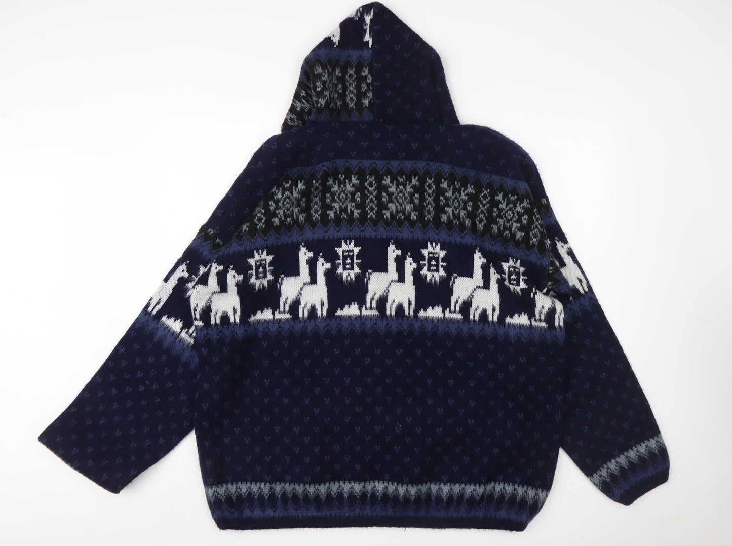 Rumiñahui Men Blue Alpaca Full Zip Hooded Llama Knit Jumper XL