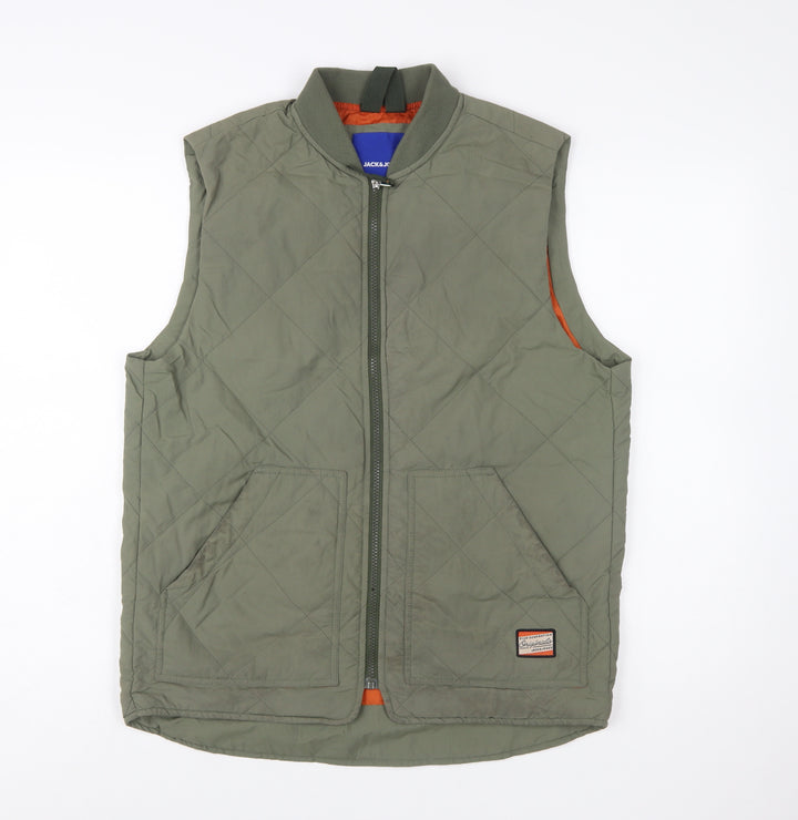 Jack & Jones Men's Green Quilted Waistcoat M Full Zip Lined Outdoor