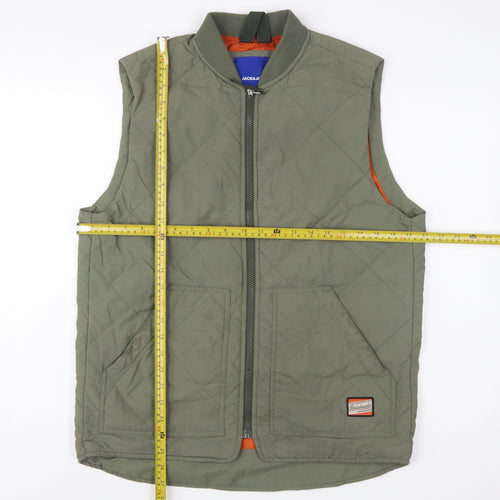 Jack & Jones Men's Green Quilted Waistcoat M Full Zip Lined Outdoor