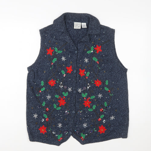 Field Gear Women's Blue Christmas Embroidered Knit Vest Size L
