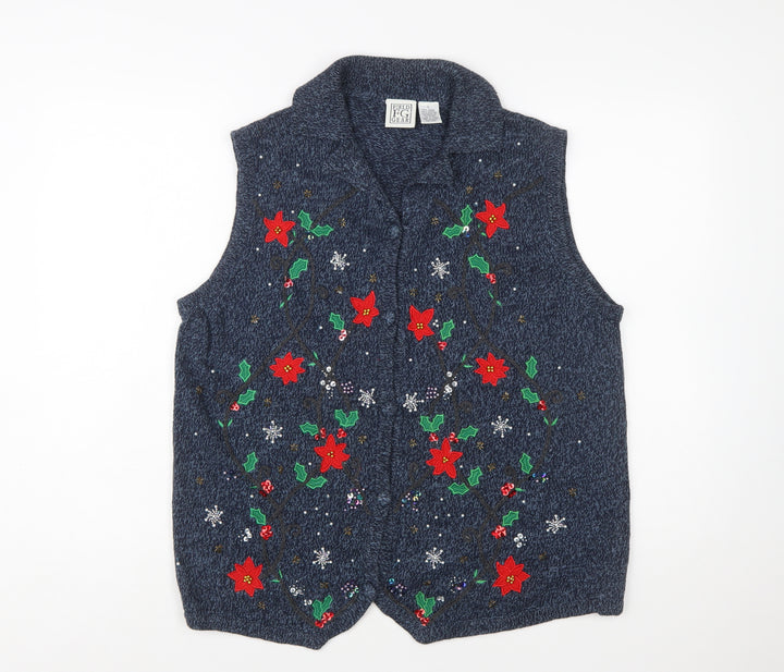Field Gear Women's Blue Christmas Embroidered Knit Vest Size L
