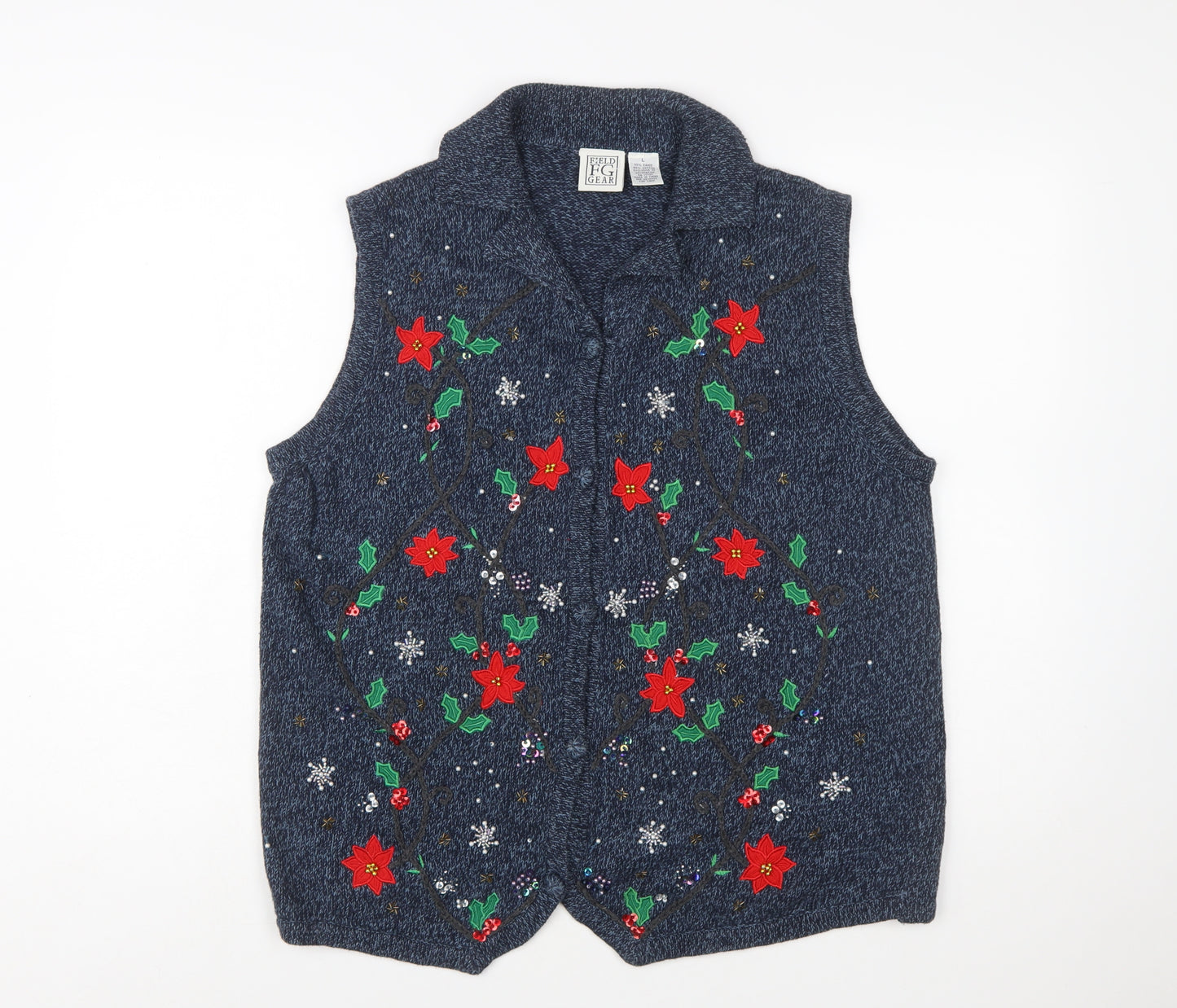 Field Gear Women's Blue Christmas Embroidered Knit Vest Size L