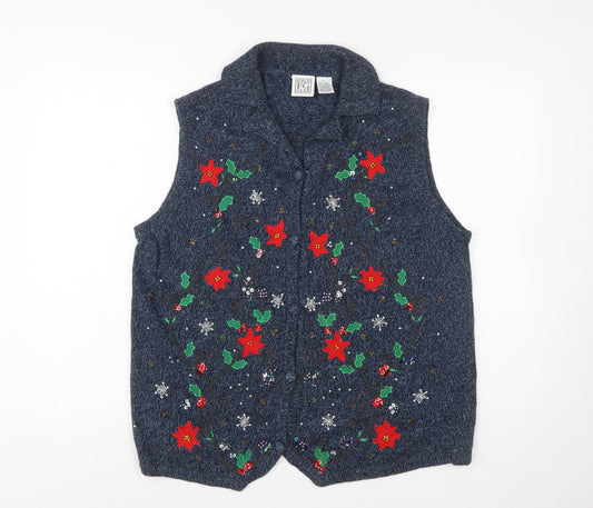 Field Gear Women's Blue Christmas Embroidered Knit Vest Size L