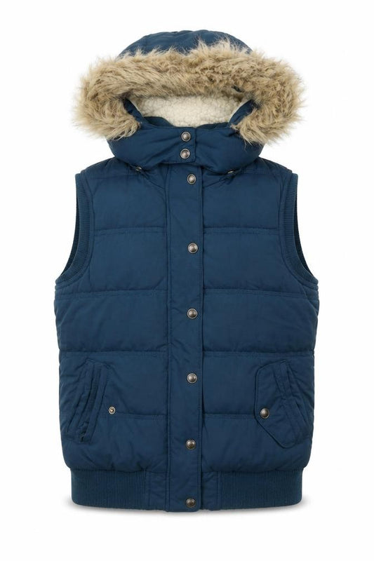 Front view of FatFace Women's Blue Hooded Padded Bodywarmer Gilet, size 10