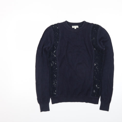 Reiss Women's Blue Lace Panel Cotton Cashmere Crew Neck Jumper XS