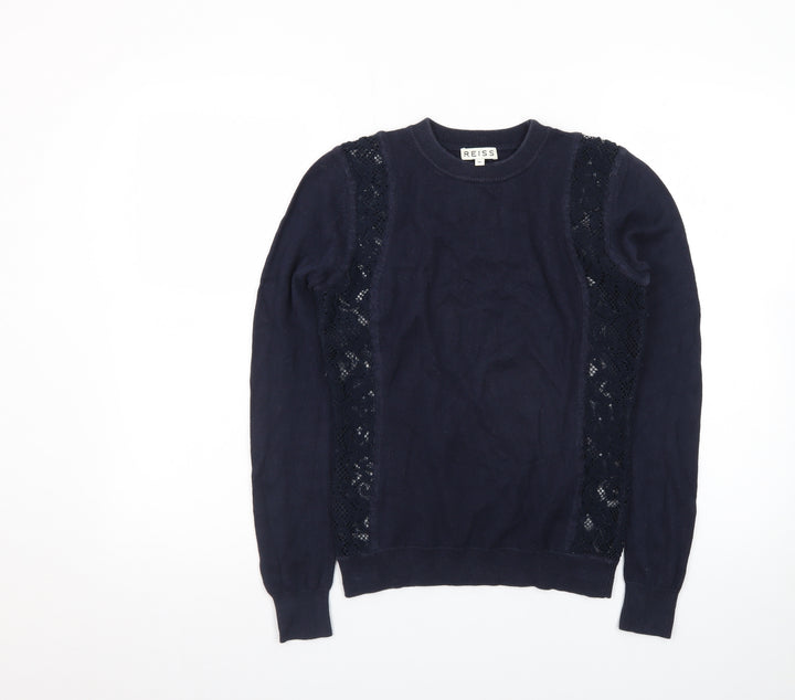Reiss Women's Blue Lace Panel Cotton Cashmere Crew Neck Jumper XS