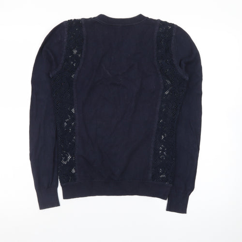 Reiss Women's Blue Lace Panel Cotton Cashmere Crew Neck Jumper XS