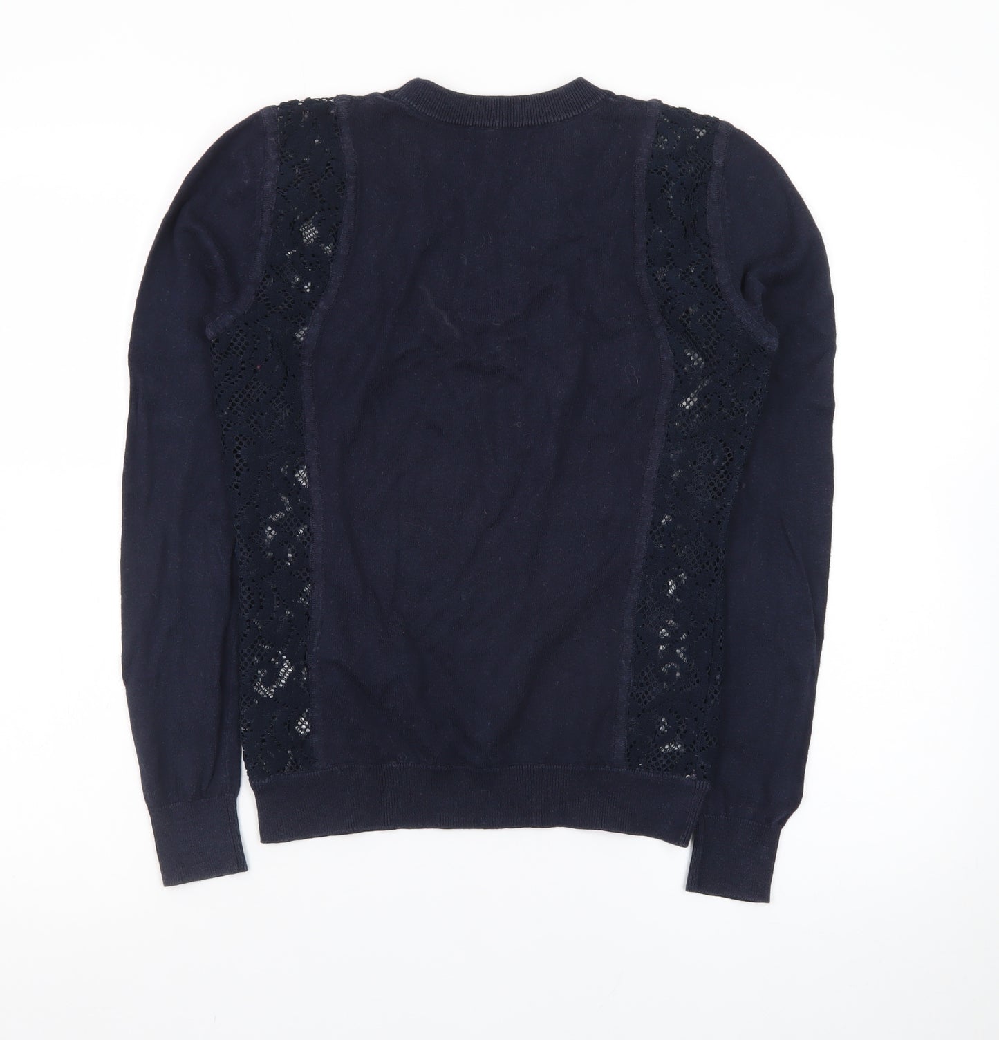Reiss Women's Blue Lace Panel Cotton Cashmere Crew Neck Jumper XS