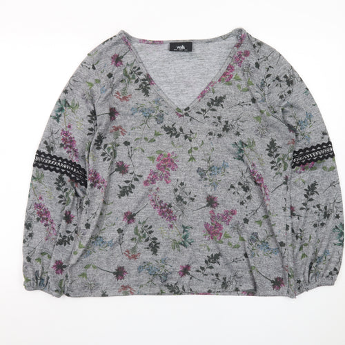 Wallis Women’s Grey Floral V-Neck Long Sleeve Tunic Blouse Size 14