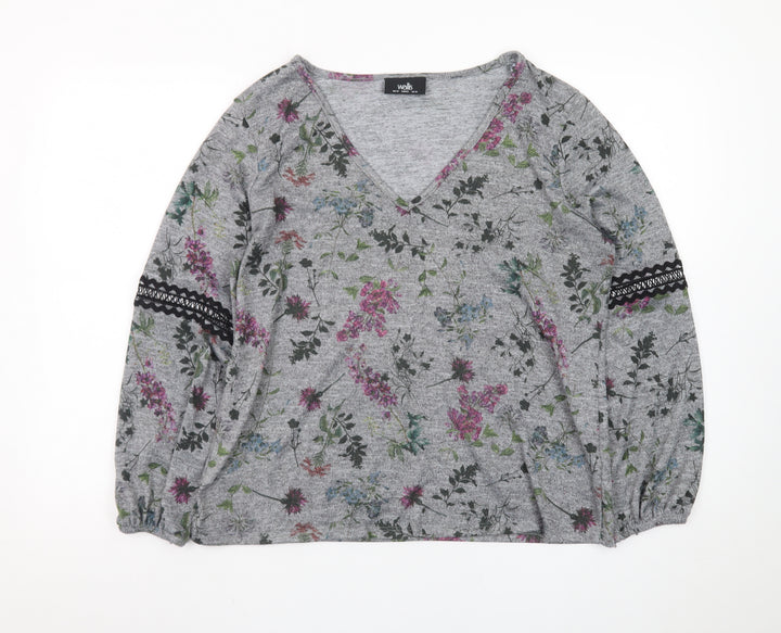 Wallis Women’s Grey Floral V-Neck Long Sleeve Tunic Blouse Size 14