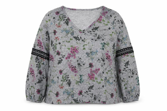 Front view of Wallis Women’s Grey Floral V-Neck Long Sleeve Tunic Blouse, size UK 14