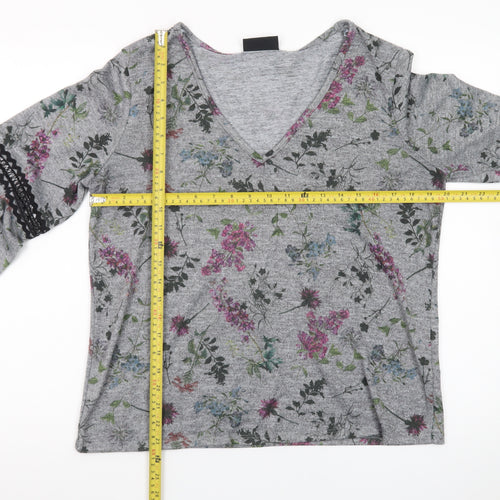 Wallis Women’s Grey Floral V-Neck Long Sleeve Tunic Blouse Size 14