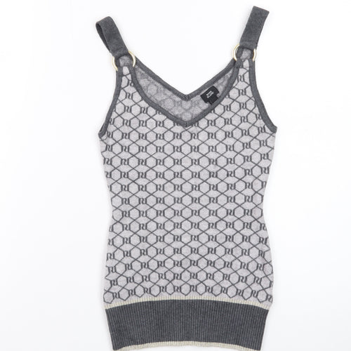 River Island Women Grey Knit Geometric Tank Top Size 6 V-Neck