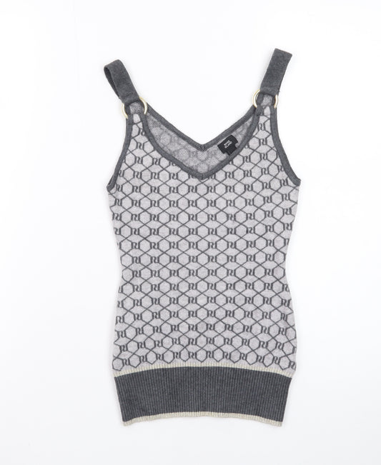 River Island Women Grey Knit Geometric Tank Top Size 6 V-Neck