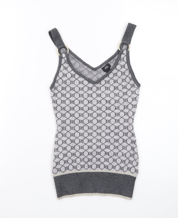 River Island Women Grey Knit Geometric Tank Top Size 6 V-Neck
