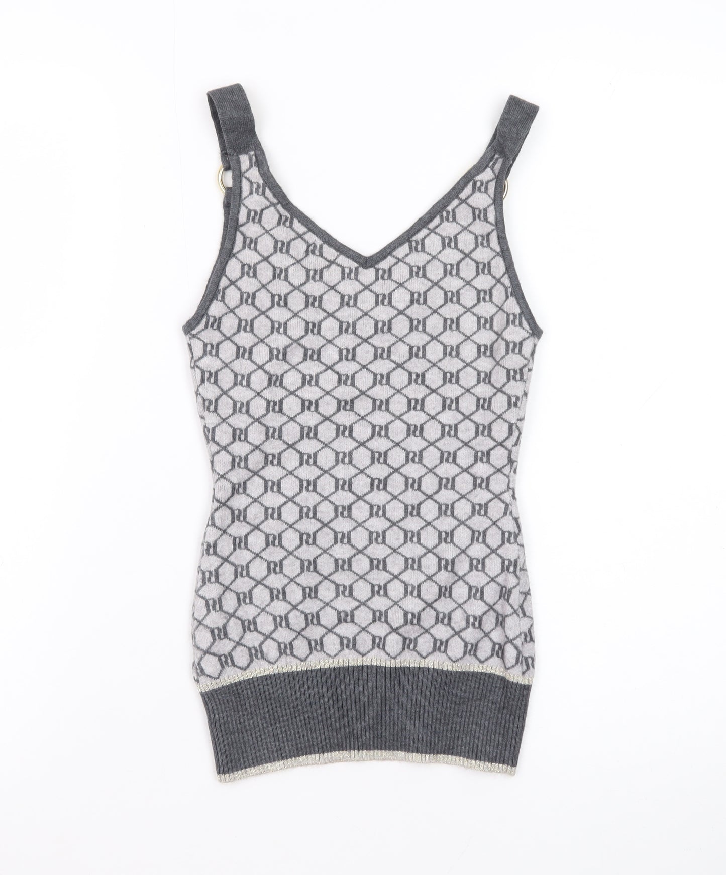River Island Women Grey Knit Geometric Tank Top Size 6 V-Neck