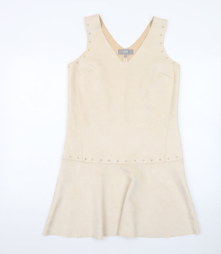 Next Women's Beige Sleeveless Studded Shift Dress Size 8