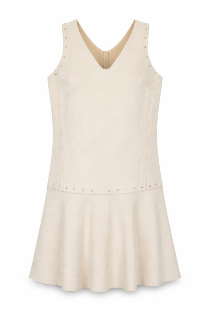 Front view of Next Women's Beige Sleeveless Studded Shift Dress, size 8