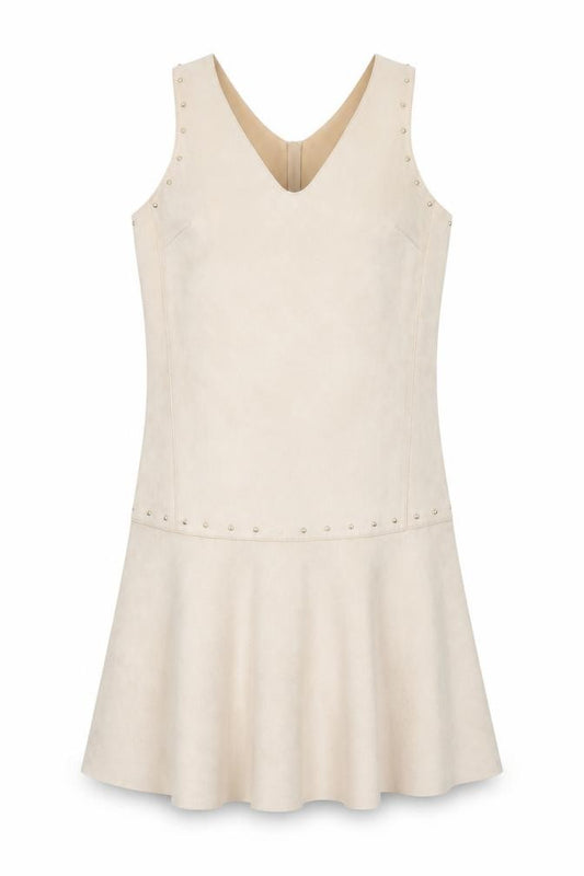 Front view of Next Women's Beige Sleeveless Studded Shift Dress, size 8