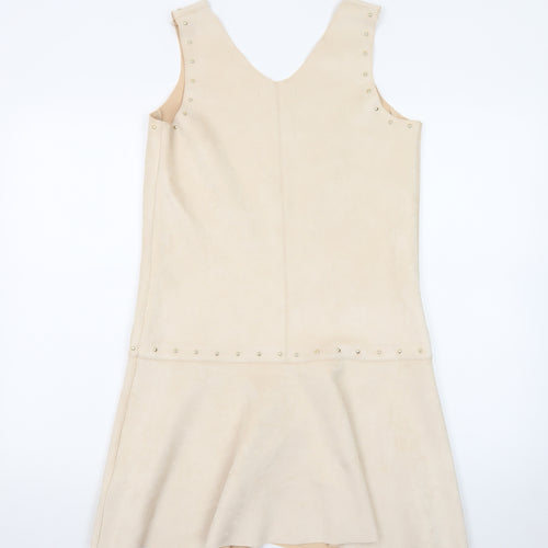 Next Women's Beige Sleeveless Studded Shift Dress Size 8