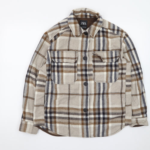 Zara Men's Beige Checked Flannel Button-Up Shirt Size M