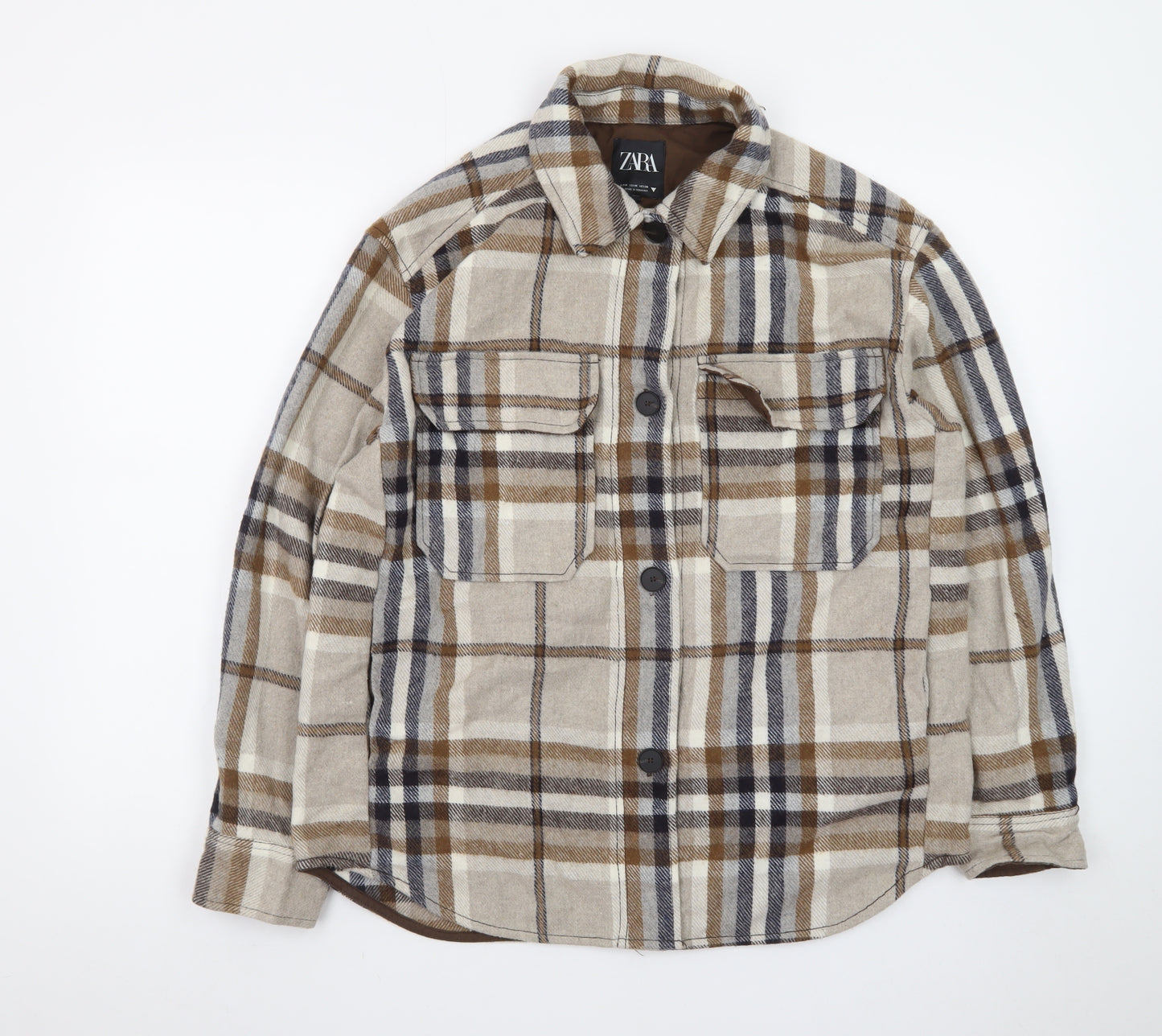 Zara Men's Beige Checked Flannel Button-Up Shirt Size M