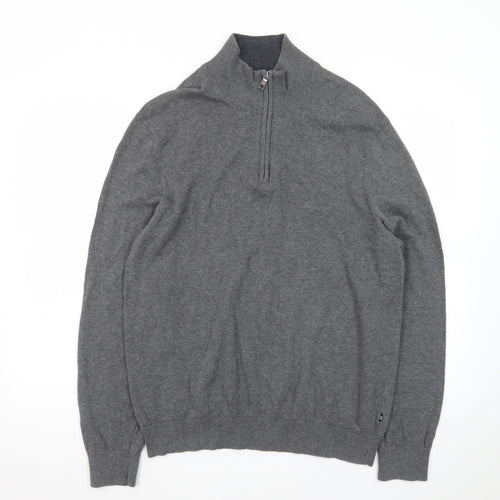 Nautica Men's Grey Cotton 1/4 Zip Jumper Size L Classic Knit