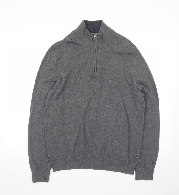 Nautica Men's Grey Cotton 1/4 Zip Jumper Size L Classic Knit