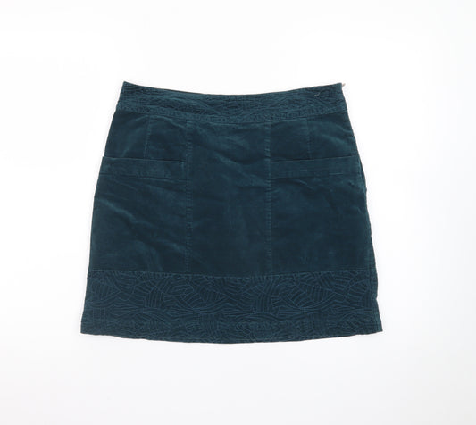 White Stuff Women's Blue Corduroy A-Line Embroidered Skirt Size 10