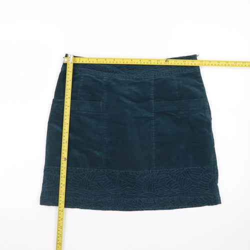 White Stuff Women's Blue Corduroy A-Line Embroidered Skirt Size 10