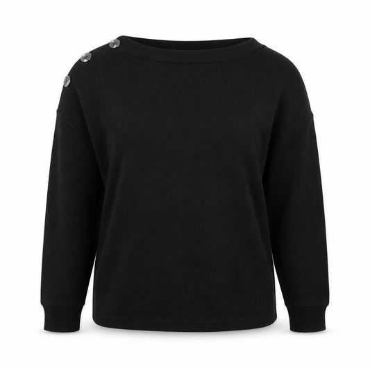 Front view of Dorothy Perkins women’s black uk 12 button shoulder boat neck jumper