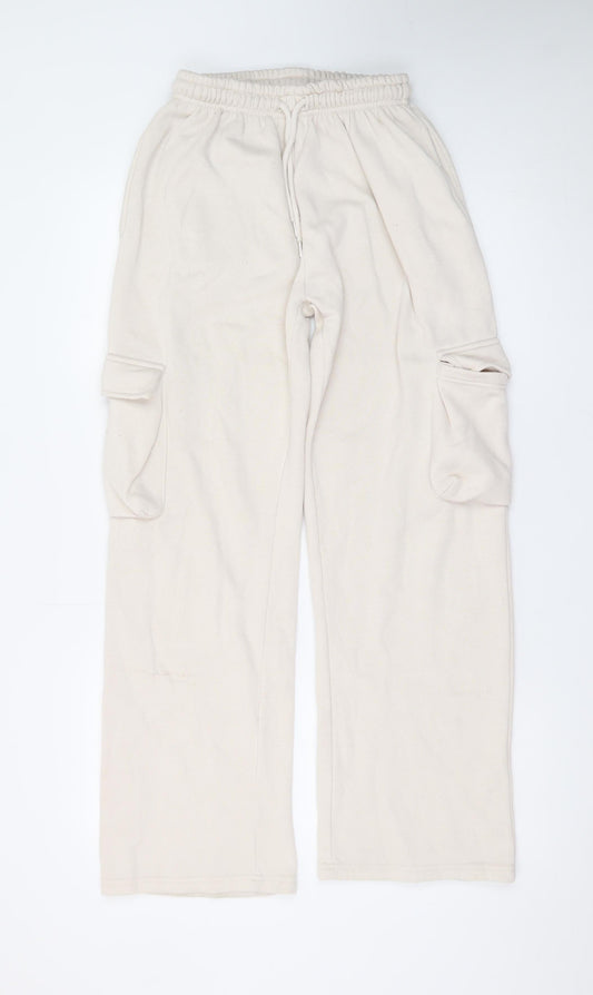 Boohoo Women’s Beige Cargo Fleece Trousers XS Elastic Waist